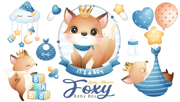 Cute doodle foxy baby shower with watercolor illustration set