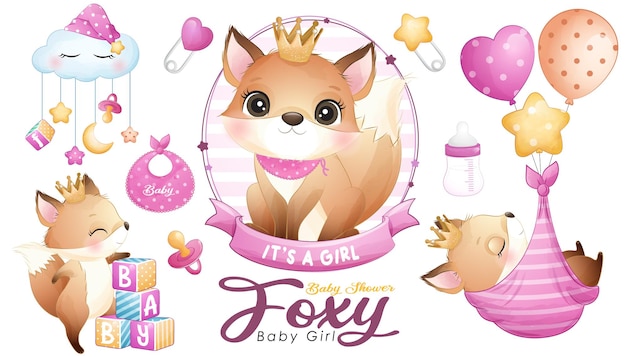 Cute doodle foxy baby shower with watercolor illustration set