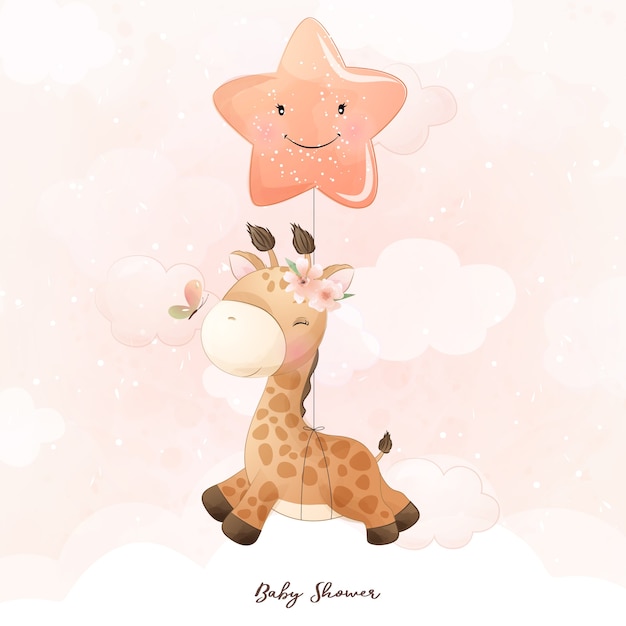 Cute doodle giraffe with floral illustration