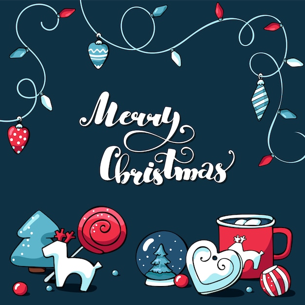 Cute doodle holiday vector christmas card with Merry christmas lettering