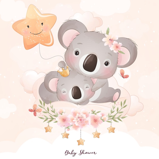 Cute doodle koala bear with floral illustration