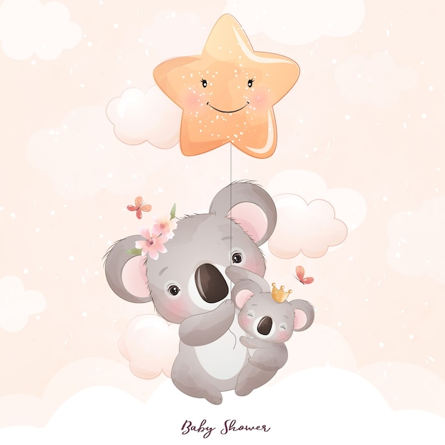 Cute doodle koala bear with floral illustration