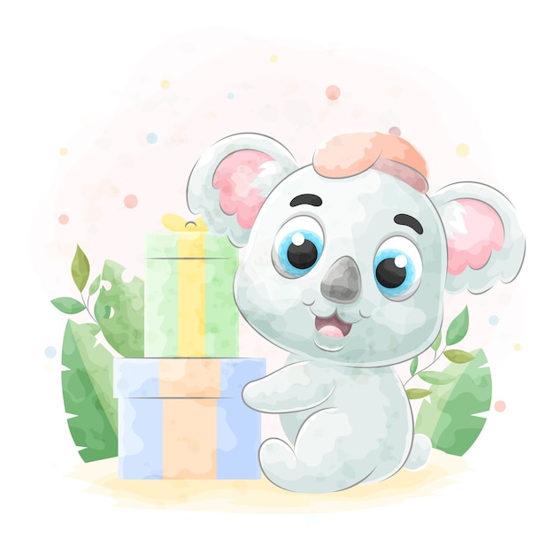 Cute doodle a Koala with watercolor illustration