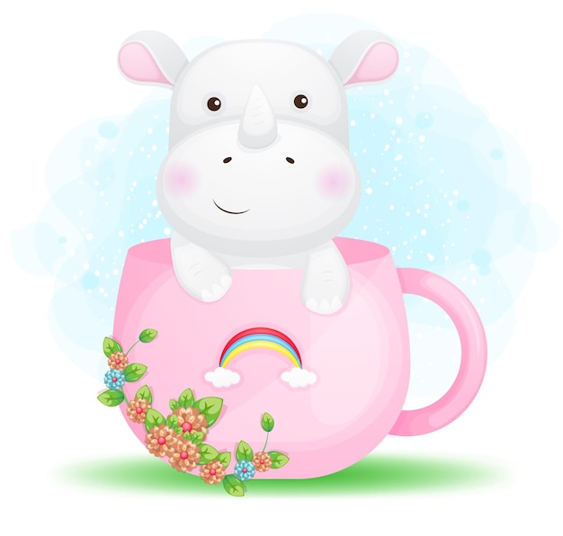 Cute doodle little rhino in the pink cup cartoon