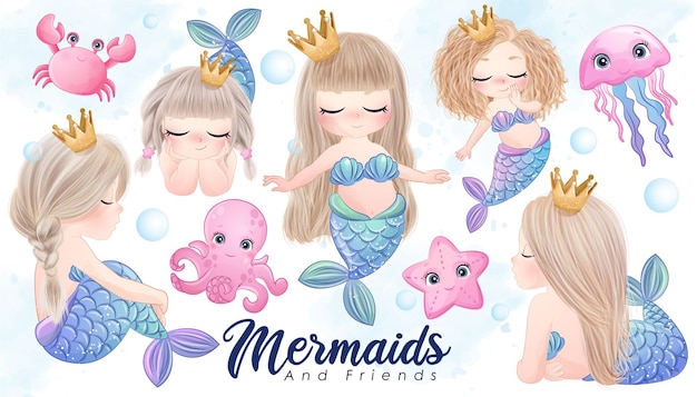 Cute doodle mermaid and friends with watercolor illustration set