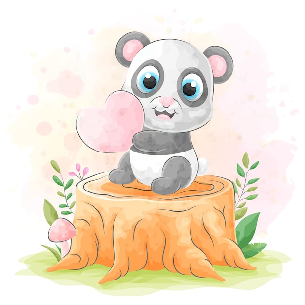 Cute doodle Panda with watercolor illustration