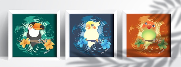 Cute doodle parrot with paper style set  