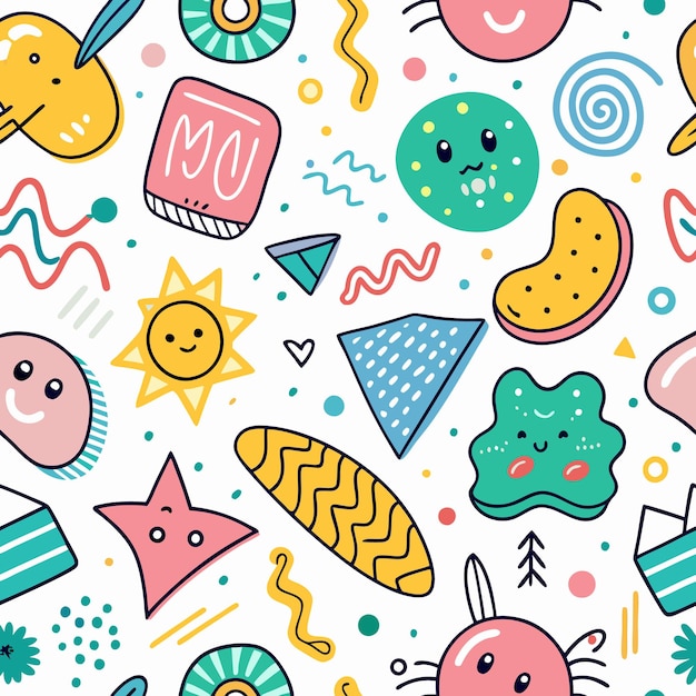 Vector cute doodle pattern with happy faces stars and sun