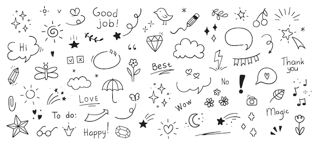 Vector cute doodle pen line elements heart bubble doodle