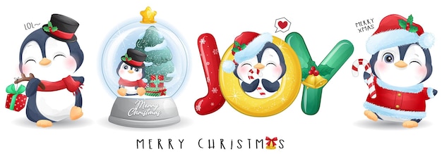 Cute doodle penguin for merry christmas illustration set