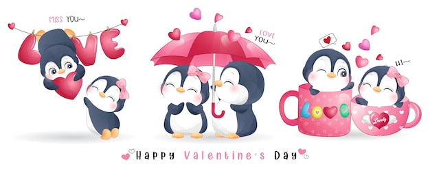 Cute doodle penguin for valentine's day collection