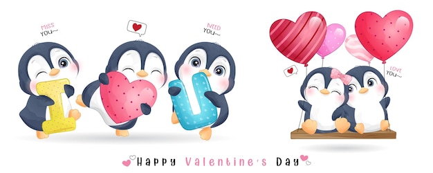 Cute doodle penguin for valentines day collection