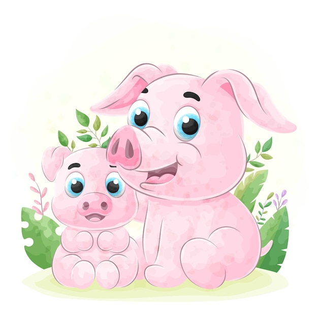 Cute doodle Pig with watercolor illustration