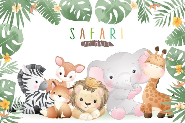 Cute doodle safari animals with floral illustration