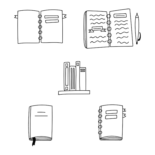 Cute doodle set of of ring notebooks for studying learning and planning in doodle style