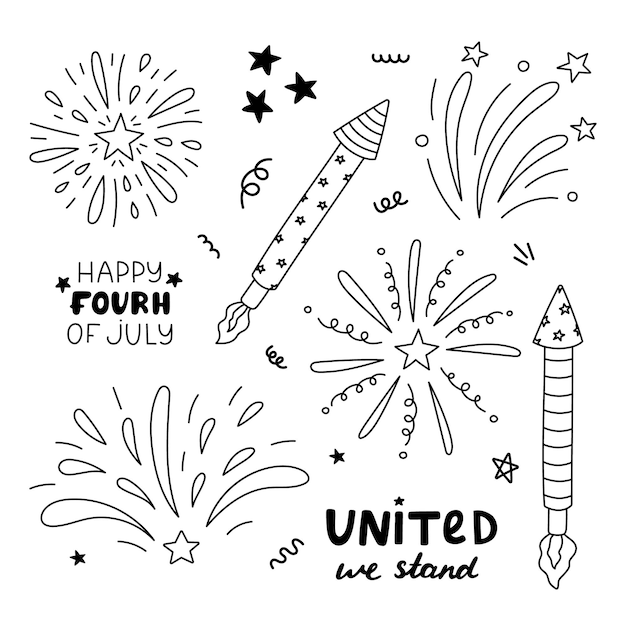 Vector cute doodle set with fireworks rockets and lettering for 4th july sparkling salute as sign of independence day holidays celebration and festival hand drawn isolated black and white illustration