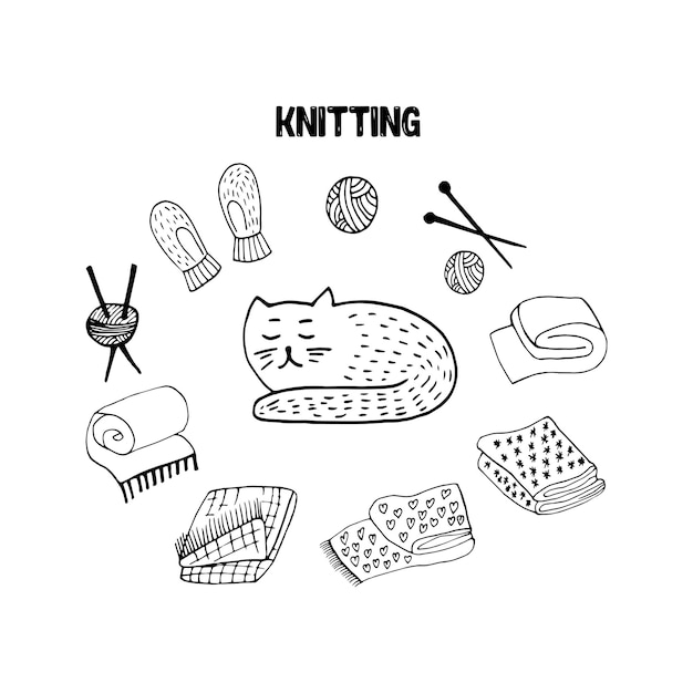 Cute doodle set with scandi cat mittens wool knitting Hand drawn vector illustration