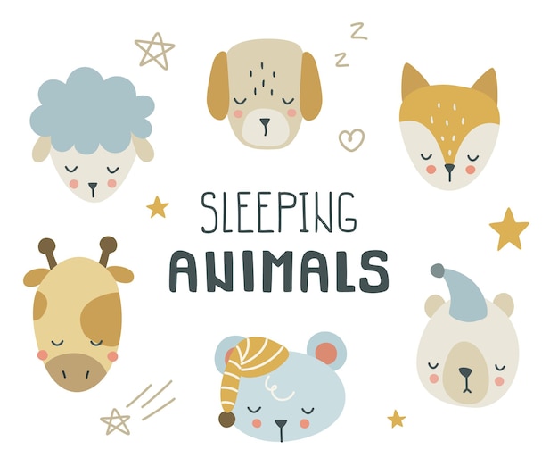 Cute doodle sleeping animals heads set.