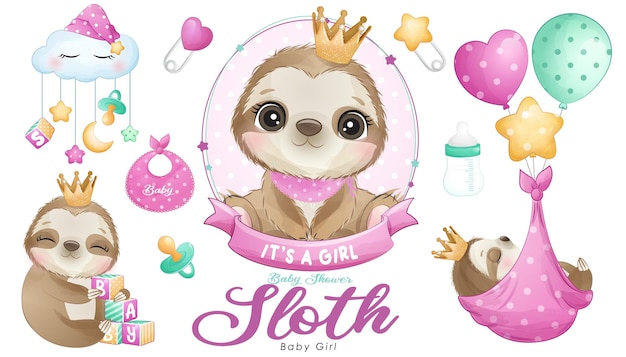 Cute doodle sloth baby shower with watercolor illustration set