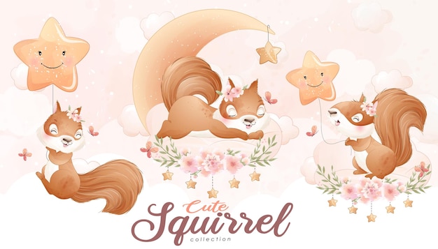 Cute doodle squirrel with floral set with watercolor illustration