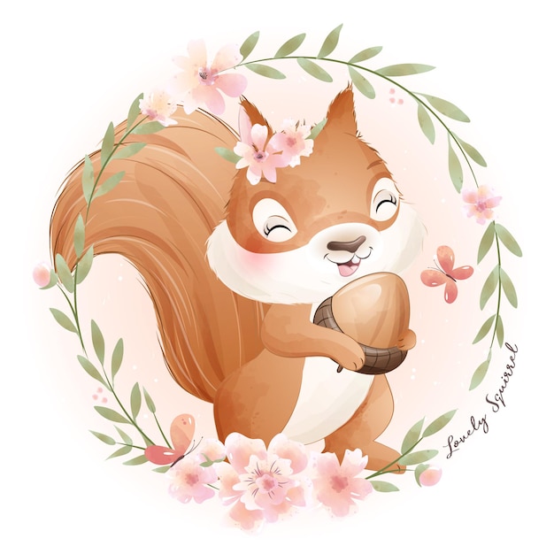 Cute doodle squirrel with floral watercolor illustration