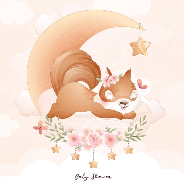 Cute doodle squirrel with floral watercolor illustration