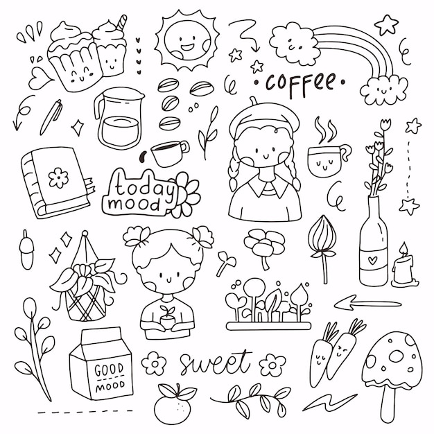 Cute doodle sticker set of mix object of coffee and gardening. Little girl wearing hat and holding plants. Logo symbol icon in line art style