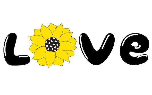 Cute doodle text love sunflower isolated line set Hand drawn vector illustrations sticker Sketch