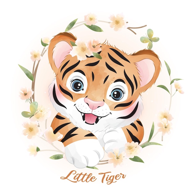 Cute doodle tiger with watercolor illustration