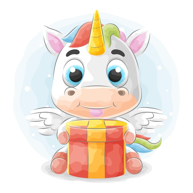 Cute doodle unicorn brings a gift with watercolor illustration