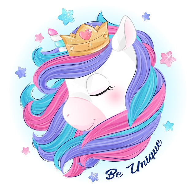 Cute doodle unicorn with watercolor illustration