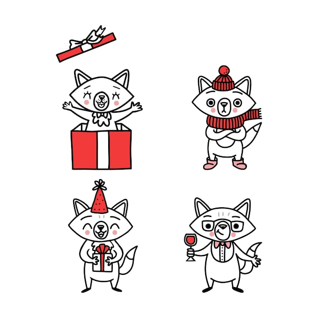 Cute doodle vector foxes, hand drawn set of funny animals.