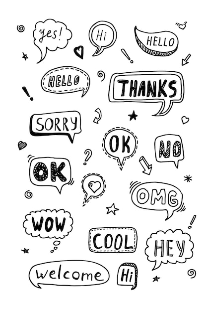 Cute doodle vector speech bubble black on white set Hand drawn set of speech bubbles with handwritten