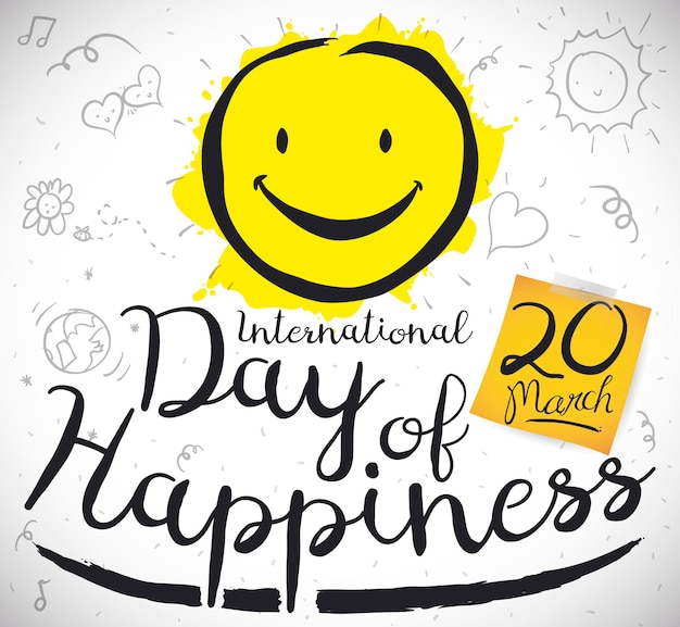 Vector cute doodles in notebook paper and yellow paper with the date for international day of happinness