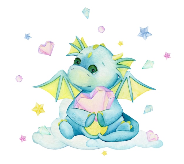 A cute dragon blue in color holds a crystal heart and sits on a cloud Fabulous watercolor clipart in cartoon style