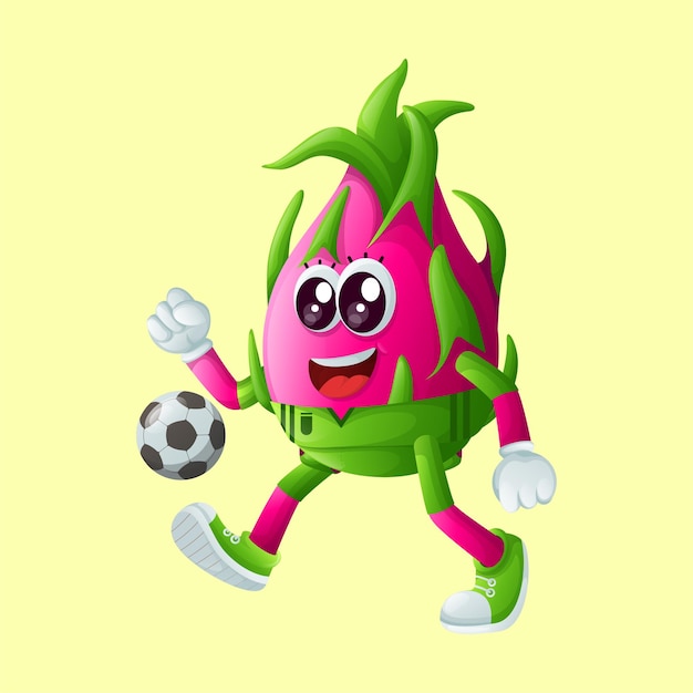 Cute dragon fruit character playing soccer