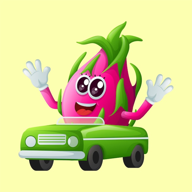 Cute dragon fruit character playing with car toy