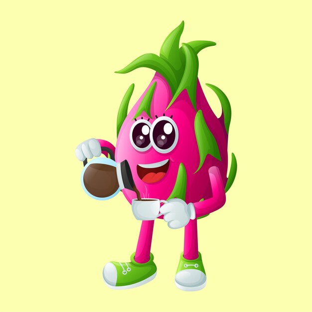 Vector cute dragon fruit character pouring coffee