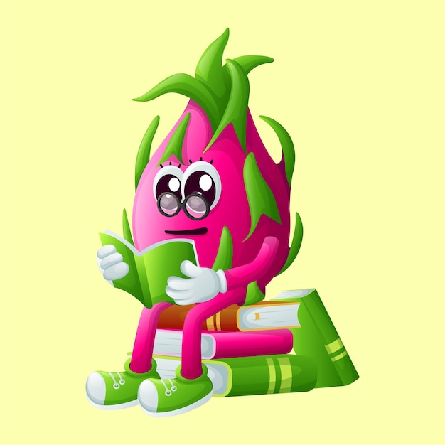 Cute dragon fruit character wearing glasses and reading a book