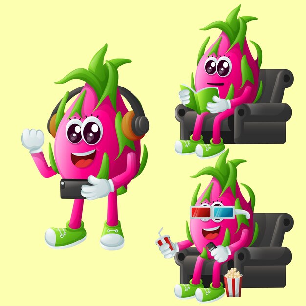 Cute dragon fruit characters enjoying leisure activities