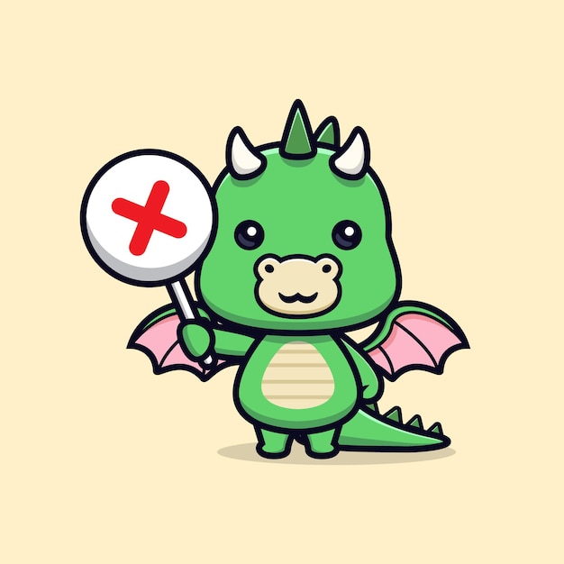 Cute dragon holding wrong sign or cross sign animal mascot character