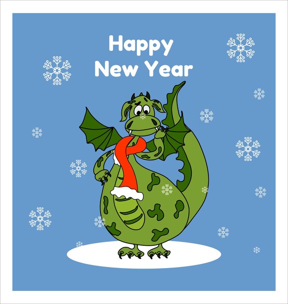 Vector a cute dragon in a red scarf looks at a beautiful snowwhite snowflake happy new year