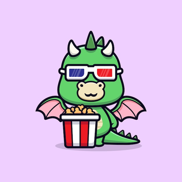 Cute dragon with popcorn and watching movie animal mascot character