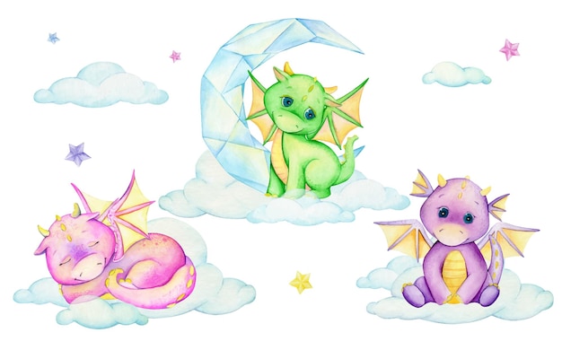 cute dragons clouds moon stars Watercolor set of cliparts in cartoon style on an isolated background