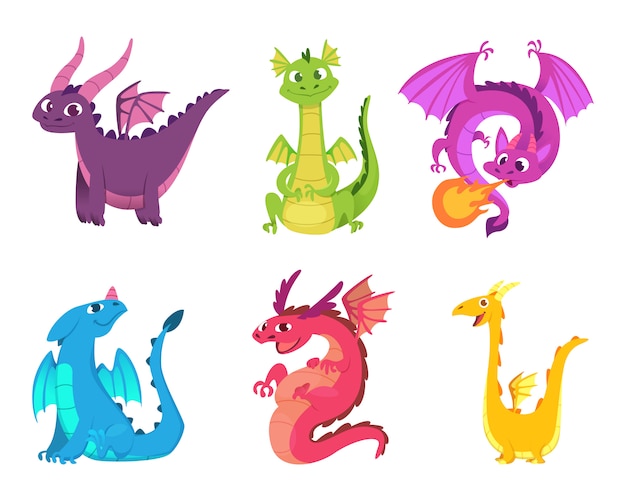 Cute dragons. Fairytale amphibians and reptiles with wings and teeth medieval fantasy wild creatures  characters