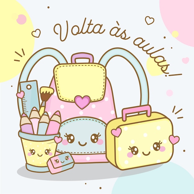 Cute drawing of school supplies in kawaii style