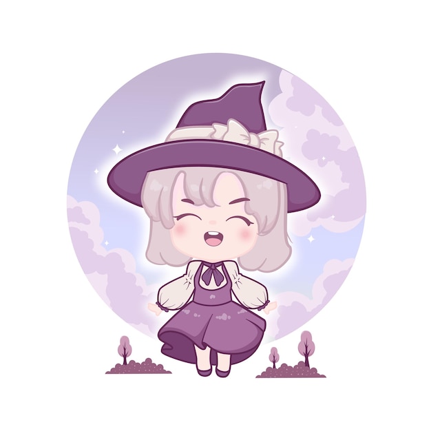 Cute drawing of a wicked witch little kid girl in a witch hat kawaii style