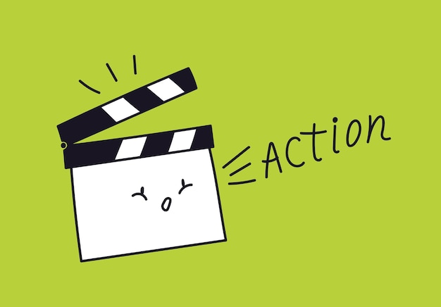 Cute drawn clapperboard with a face Clapperboard on a green background screaming action