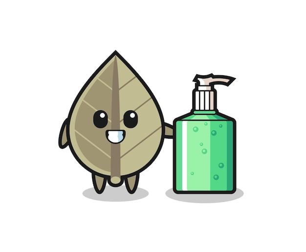 Cute dried leaf cartoon with hand sanitizer