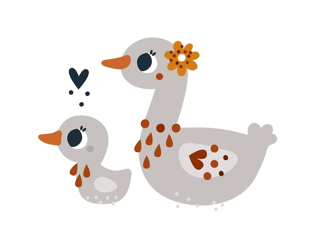 cute duck birds with floral ornament isolated childish print with ducks for nursery clothing card